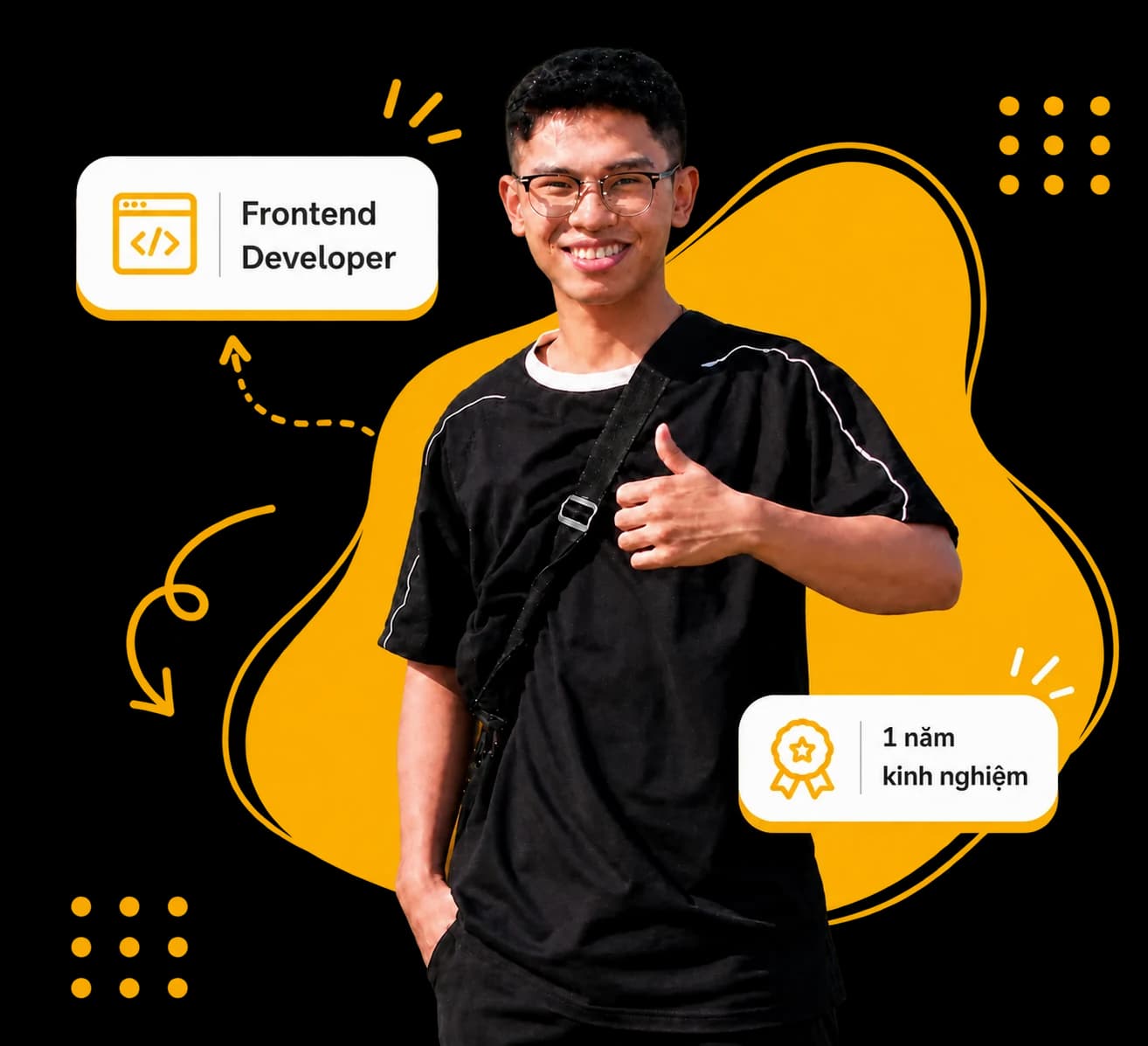 Chân dung Vũ Trọng Tấn trong hero portfolio với nền sáng, khối nhấn màu vàng và badge nghề nghiệp.