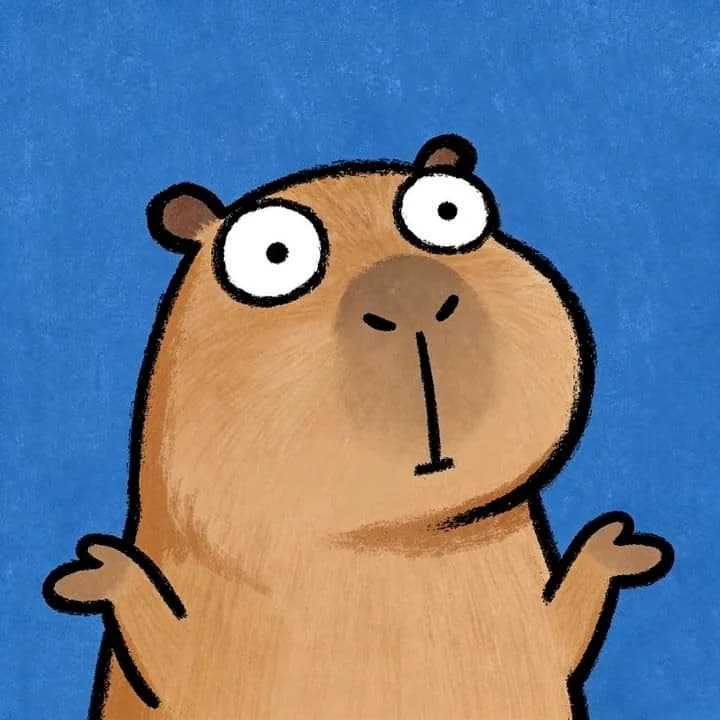 Capybara vẽ tay với biểu cảm tò mò trên nền xanh.
