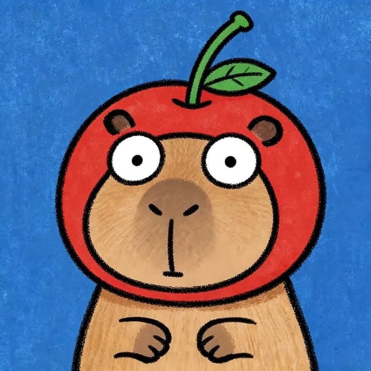 Capybara vẽ tay mặc trang phục quả anh đào trên nền xanh.