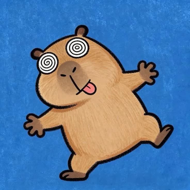 Capybara vẽ tay với đôi mắt xoắn, đang lơ lửng trên nền xanh.