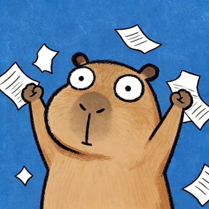Capybara vẽ tay cầm những mảnh giấy đang bay trên nền xanh.