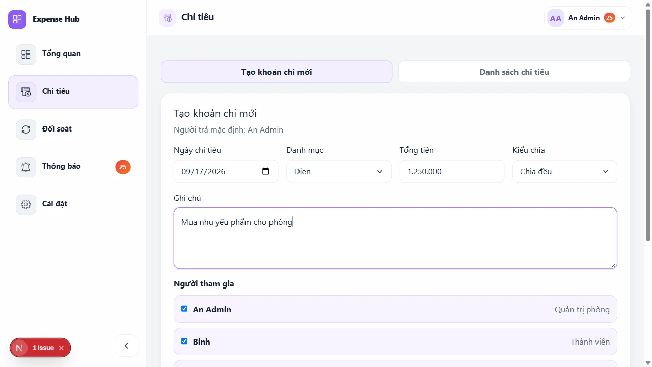 Biểu mẫu tạo khoản chi của Expense Hub với số tiền, ghi chú và danh sách thành viên tham gia.