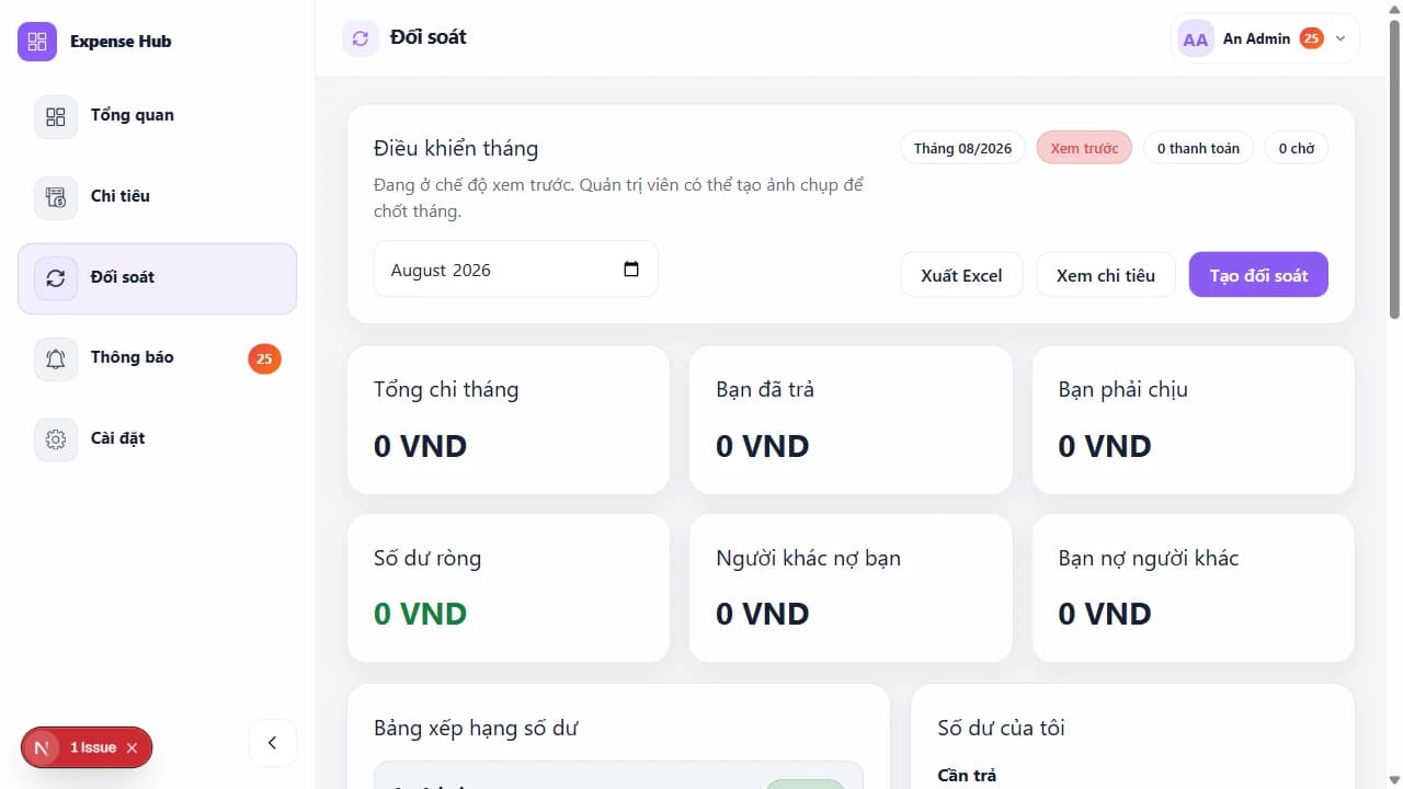 Màn hình đối soát Expense Hub với bộ chọn tháng, các chỉ số số dư và nút tạo đối soát.