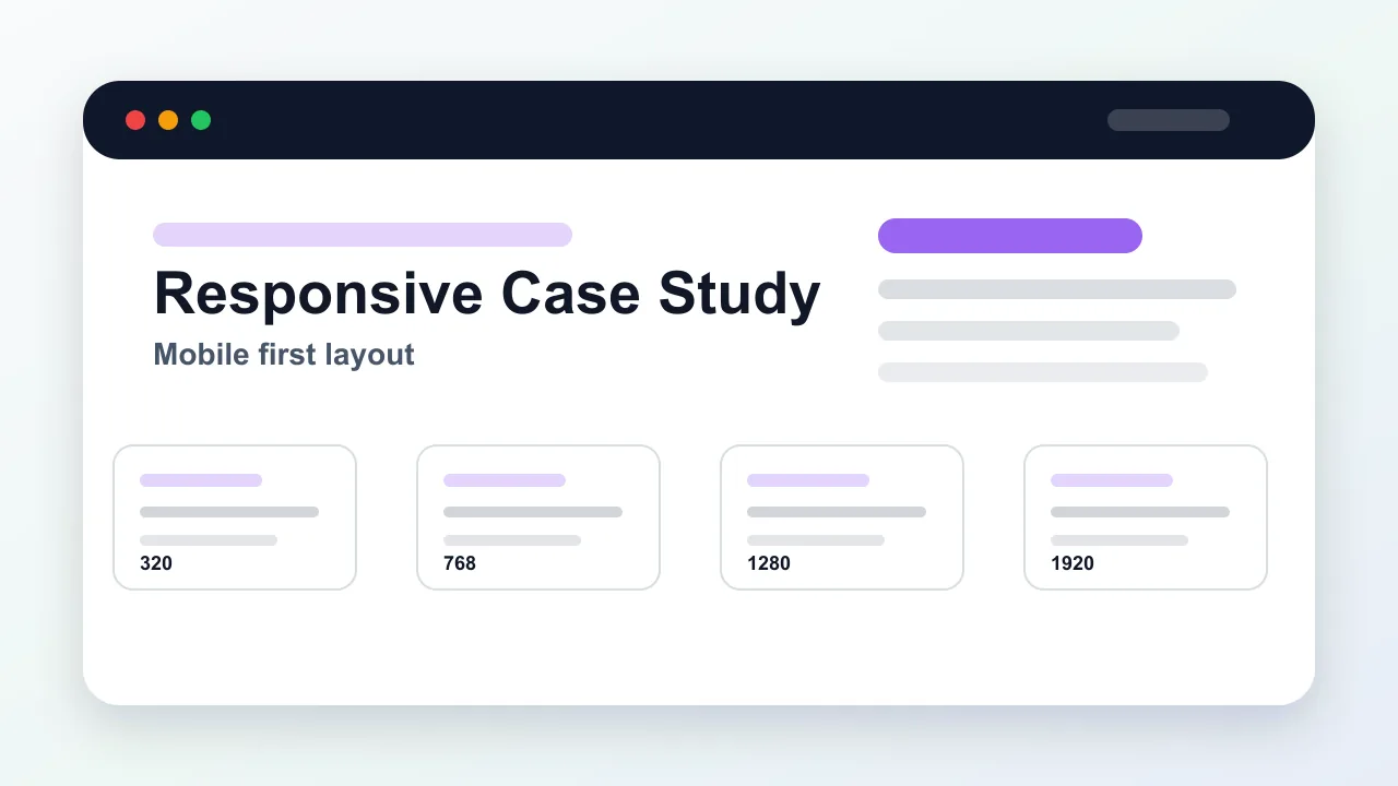 Optimized preview of a responsive portfolio case study layout across mobile, tablet, desktop, and wide desktop viewports.