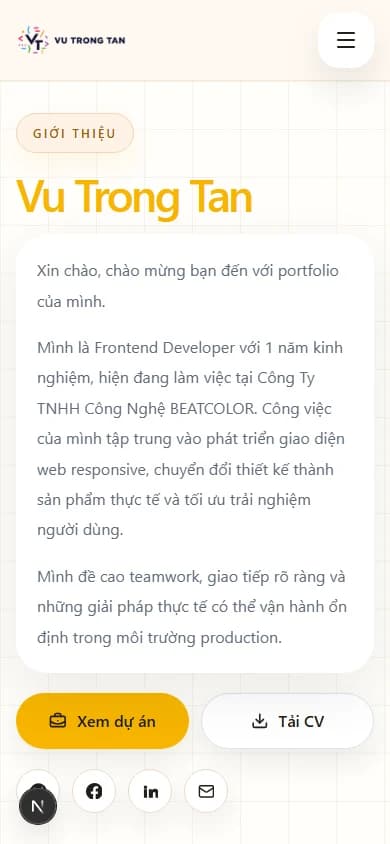 Trang chủ portfolio của Vũ Trọng Tấn trên màn hình mobile.