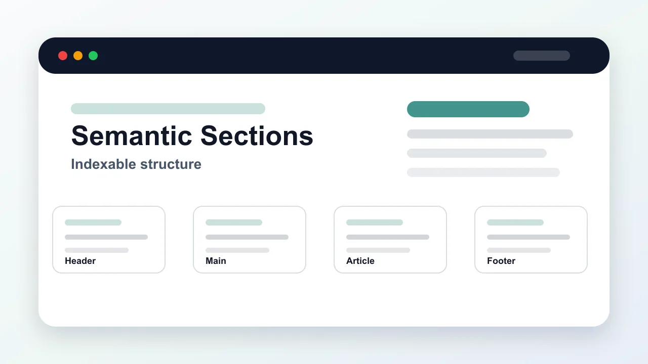 Optimized preview showing semantic portfolio sections with header, main content, project article, and footer landmarks.