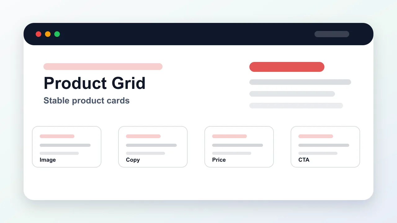 Optimized preview of a storefront product grid with stable image, copy, price, and call-to-action regions.