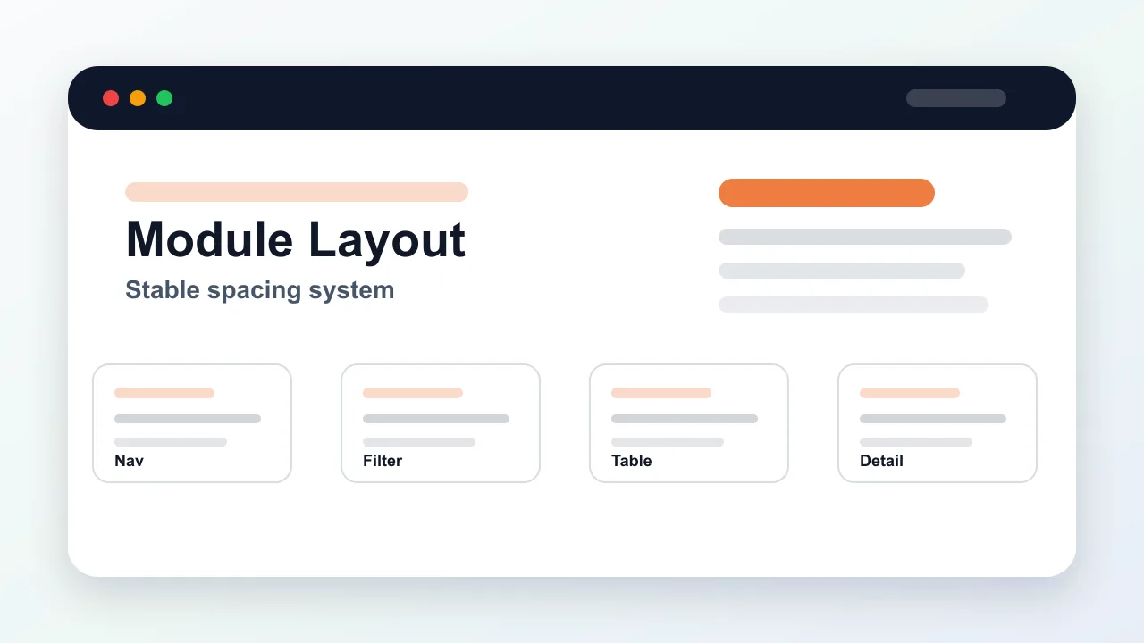 Optimized preview of a modular dashboard layout with navigation, filters, table, and detail regions.