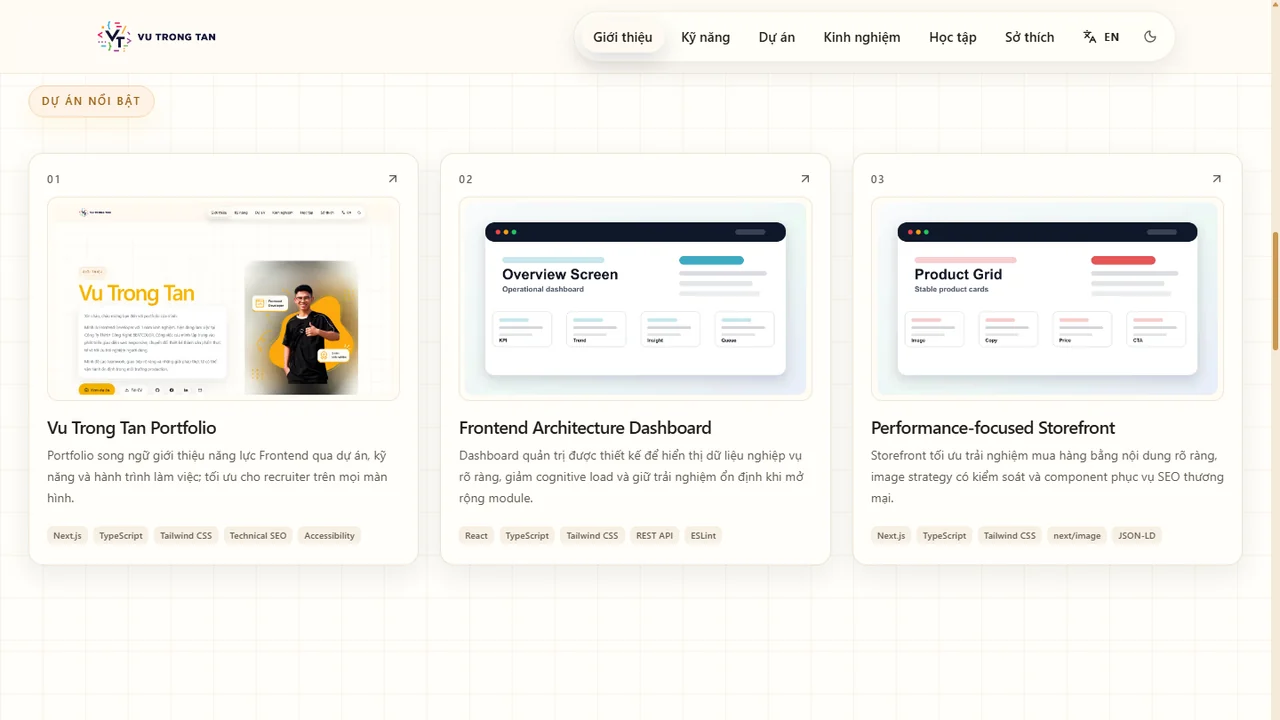 Phần dự án nổi bật trong portfolio của Vũ Trọng Tấn với các project card.
