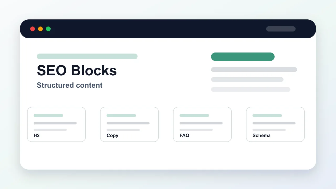 Optimized preview of storefront SEO content blocks with heading, copy, FAQ, and schema-ready regions.